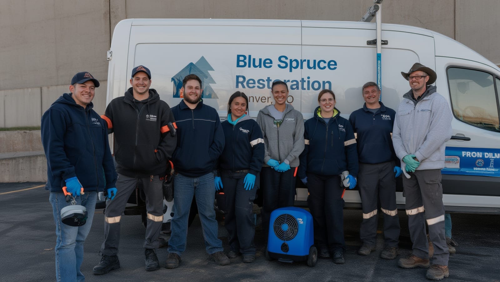 Blue Spruce Restoration team in front of the company van — Denver, CO