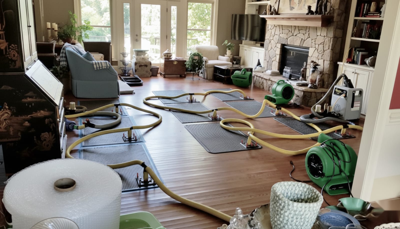 Full-scale drying system with floor mats and air movers in a flooded living room